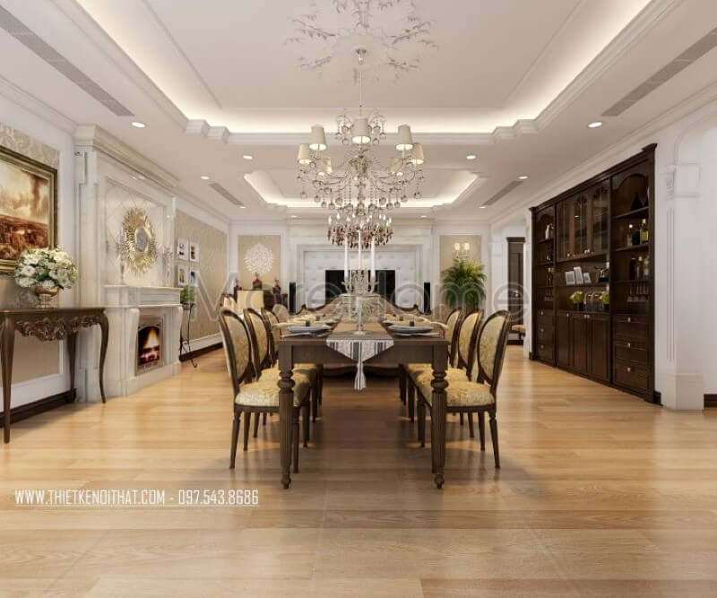 Thiết kế phòng ăn chung cư đẹp liền kề phòng khách mang đến sự tiện lợi và linh hoạt cho không gian sống cho gia chủ Thiết kế nội thất phòng ăn chung cư tân cổ điển