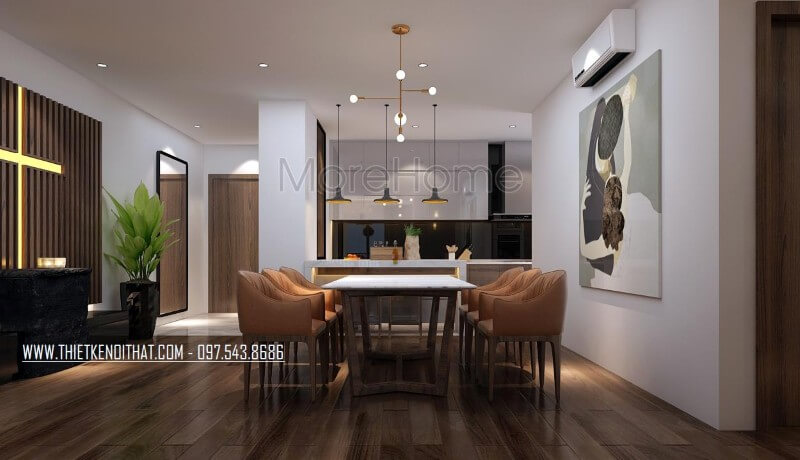 Thiết kế nội thất phòng ăn chung cư hiện đại đại, không gian phòng ăn được thiết kế liền kề không gian bếp mang lại sự tiện lợi nhất cho người sử dụng Thiết kế nội thất phòng ăn gỗ công nghiệp
