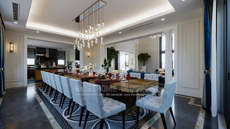 Trang trí nội thất phòng ăn đẹp với đèn thả trần, đá hoa văn trang trí nội thất phòng ăn biệt thự