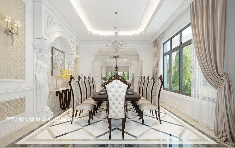 Nội thất phòng ăn gỗ tự nhiên được bố trí hợp lí mang đến sự sang trọng và thông thoáng, tạo cho gia chủ thuận tiện hơn trang trí nội thất phòng ăn biệt thự