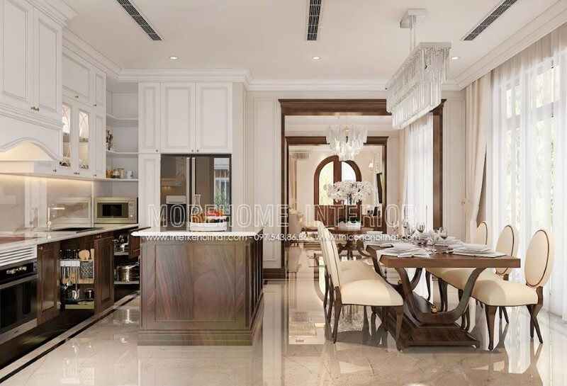 Bố trí nội thất phòng ăn liền kề với khu vực nấu nướng mang lại cho gia chủ những bữa ăn nhanh chóng và ngon miệng hơn trang trí nội thất phòng ăn biệt thự