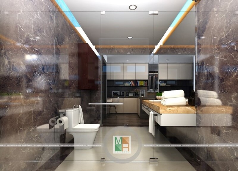 Thiết kế phòng tắm chưng cư {đẹp|hiện đại|cao cấp} sử dụng vách tắm kính cường lực ngăn cách giữa không gian phòng tắm với phòng ngủ mang đến sự sang trọng, đẳng cấp trong từng chi tiết