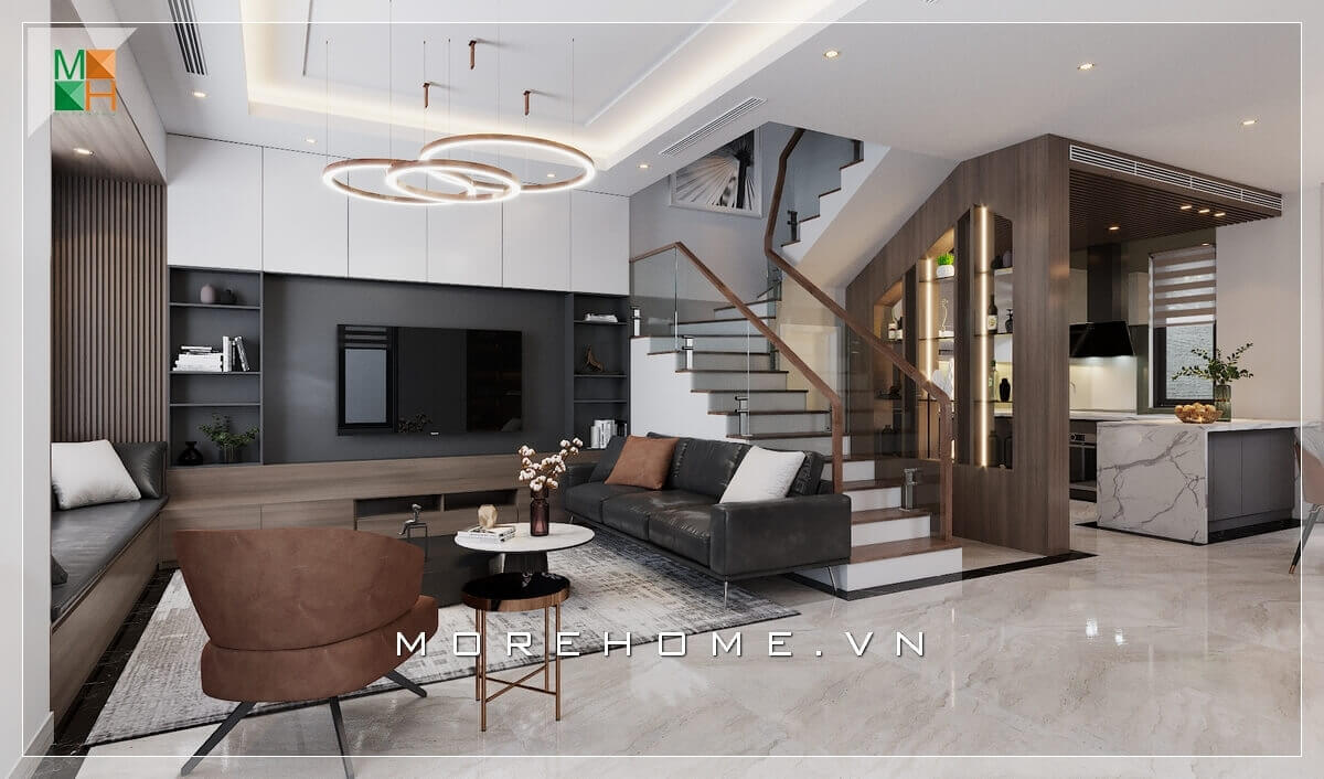 Phối cảnh nội thất phòng khách liền bếp đẹp cho biệt thự, nhà phố, căn hộ cao cấp. thiết kế nội thất chung cư